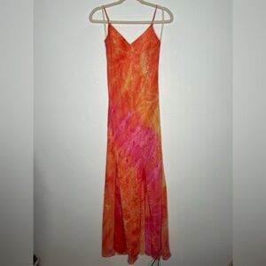 Vintage Vibrant Orange and Pink Tie Dye Maxi Slip Dress Size Medium Sequins